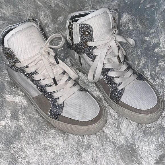 Zadig & Voltaire White/Grey Canvas and Suede Glitter High Top Sneakers